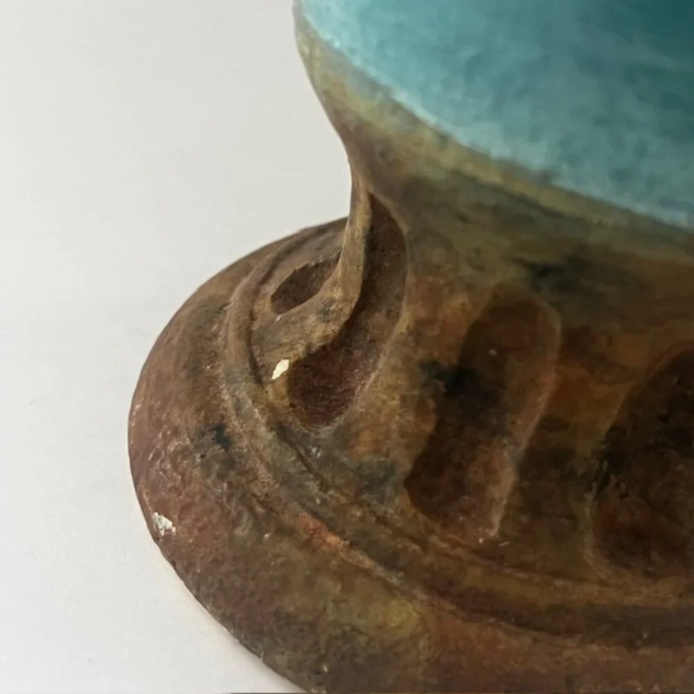 Glazed Ceramic Planter Vase Distressed Rustic Tuscan Scroll Metal Handles Aqua